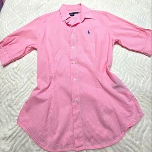 RALPH LAUREN Pink Gingham Button-down Short Sleve. Size 10- Fit Like M